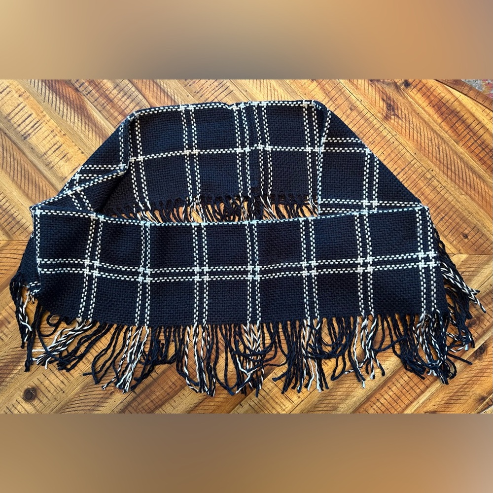 Panache Knit Infinity Scarf with Fringe, black and ivory, cozy soft acrylic knit